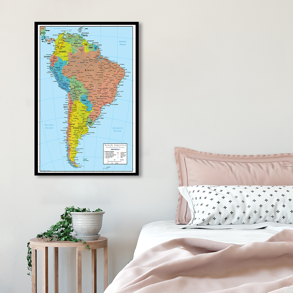 De Zuid-Amerikaanse Kaart Muur Kunst Poster Spuiten Canvas Schilderij Reisschoolbenodigdheden Woonkamer Interieur 42*59Cm