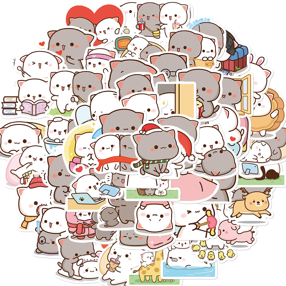 60PCS 만화 귀여운 Mitao 고양이 스티커 방수 재미 있은 고양이 데칼 물병 노트북 스케이트 보드 수하물 어린이 장난감
