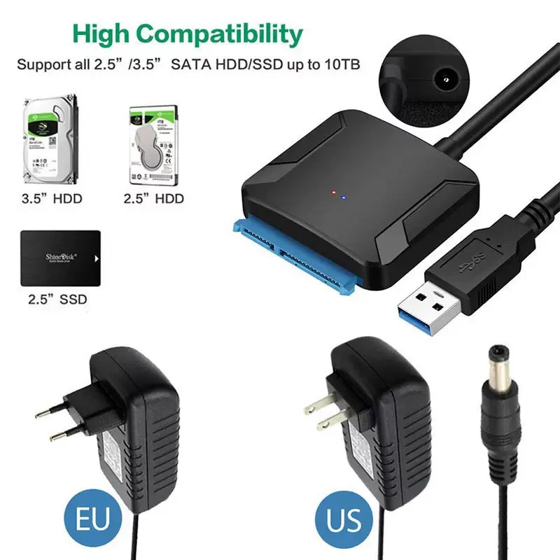 Cable adaptador SATA a USB3.0 para disco duro SSD HDD SATA III de 3,5/2,5 pulgadas, compatible con UASP con adaptador de corriente de 12V