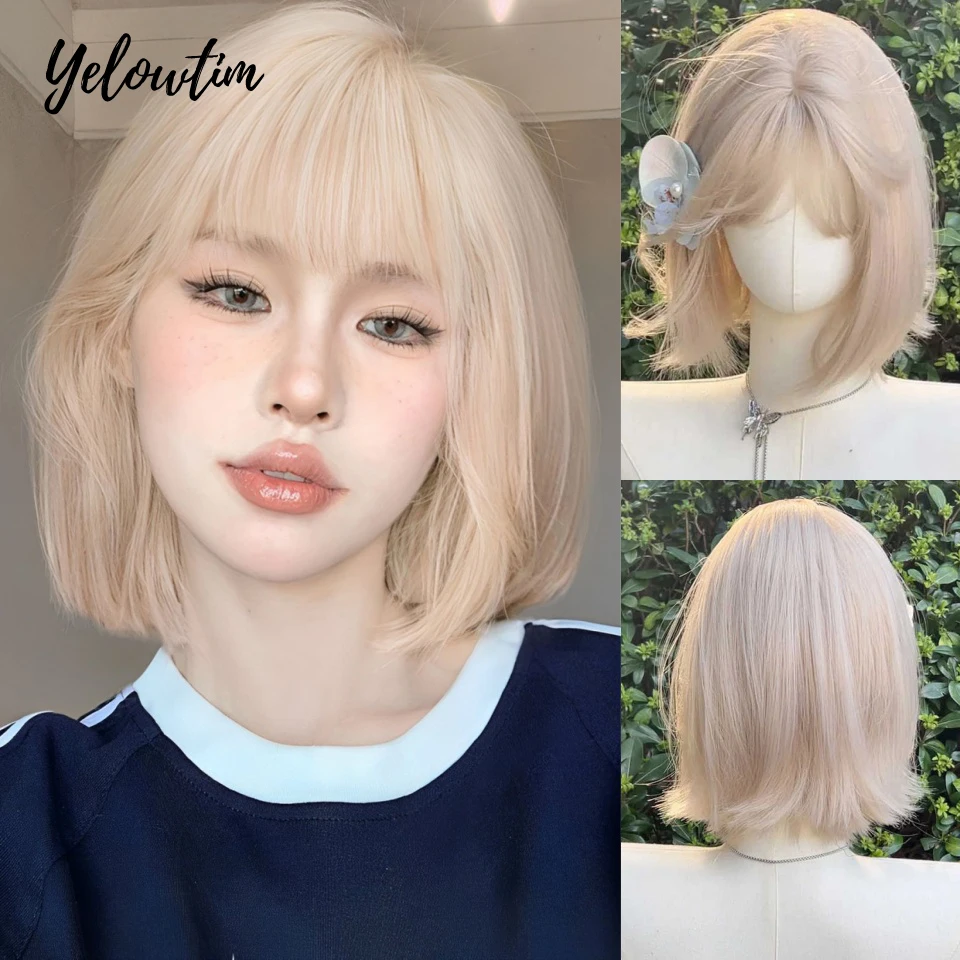 Perucas sintéticas em camadas pretas escuras com franja curto natural cabelo reto peruca para preto feminino diário cosplay fibra resistente ao calor