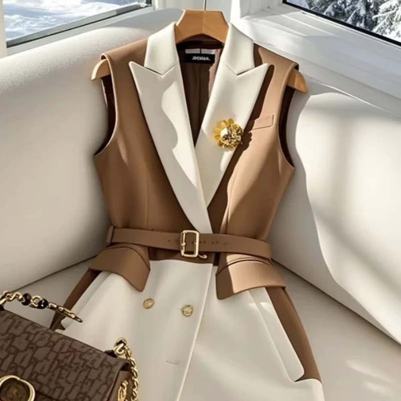 Francja Moda Biuro Lady Kawowe Marynarki Kamizelka Letnie koreańskie kurtki bez rękawów z paskiem Kobiety Temperament Formalny Slim Fit