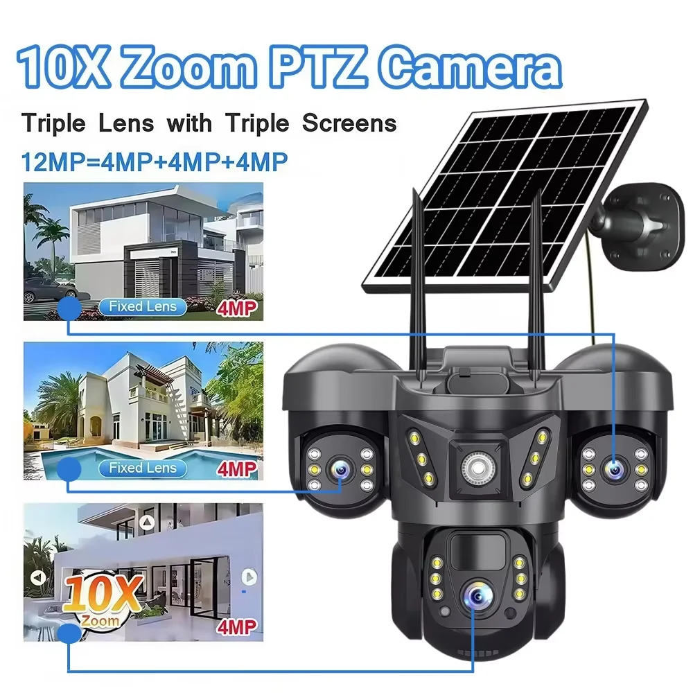 Telecamera solare esterna da 15MP 4G Tre lenti Tre schermi PIR Motion Detection Cam Visione notturna impermeabile Smart Security PTZ CCTV