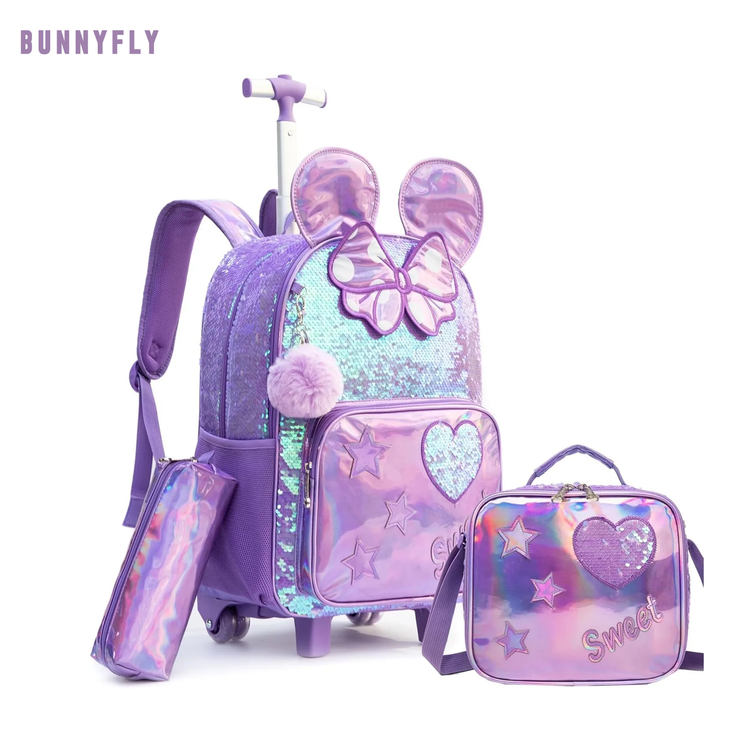 Schultaschen 3PCS Nette Mädchen Roll Trolley Rucksack Primäre Kinder Rucksäcke Mädchen mit Rädern Zurück Zu Schule Student Taschen