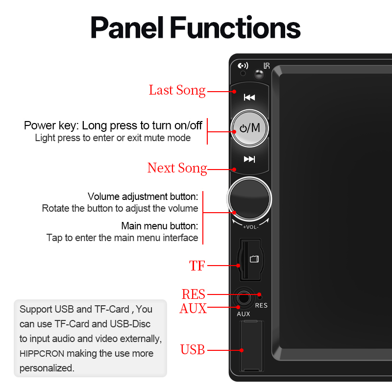 Hippcron 1Din Autoradio Stereo 7 inch HD Touchscreen Multimediaspeler BT Autoaudio FM-ontvanger Spiegellink USB AUX Universeel