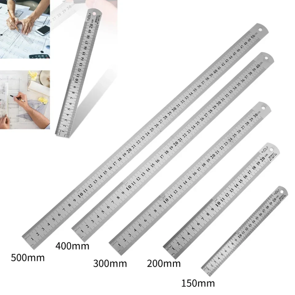 Escala de Metal de 150mm/500mm, regla recta de acero inoxidable, papelería de medición, accesorio de dibujo, herramienta manual, suministros escolares y de oficina
