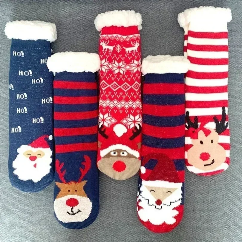Giáng Sinh Trơn Tất Giữ Ấm Mùa Đông Sang Trọng Không Trơn Trượt Ngủ Nữ Sàn Ngắn Sock Mờ Lông Tơ Mềm Mại Nữ Hoạt Hình sock