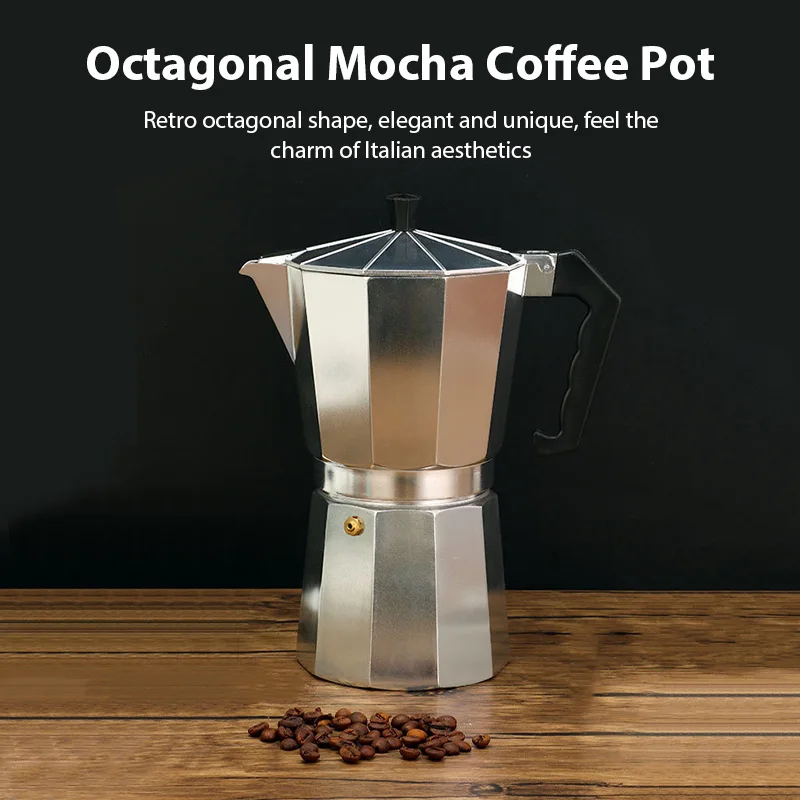 กาต้มน้ํากาแฟอลูมิเนียม Latte Percolator บ้านอิตาเลี่ยนแปดเหลี่ยมกาแฟ Moka หม้อสํานักงานกลางแจ้ง Camping หม้อชาเอสเปรสโซ