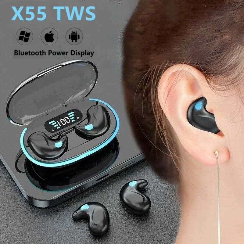 X55 mini sono invisível sem fio bluetooth 5.0 fones de ouvido ipx5 à prova dwaterproof água com cancelamento ruído controle toque