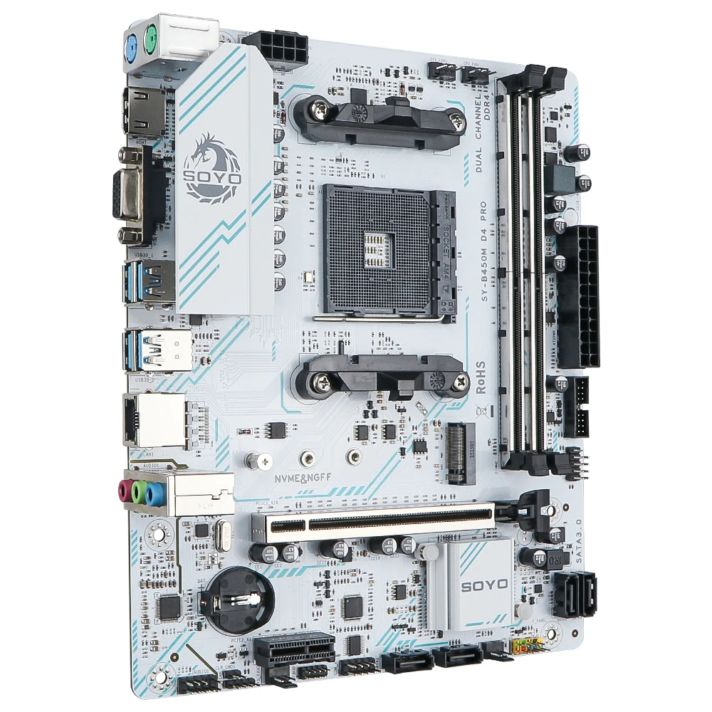 SOYO Neues AMD B450M Motherboard Dual-Channel DDR4 Speicher AM4 Motherboard PCI-E 3.0 NVME (unterstützt Ryzen 1000-5000 5600 5600G CPU)