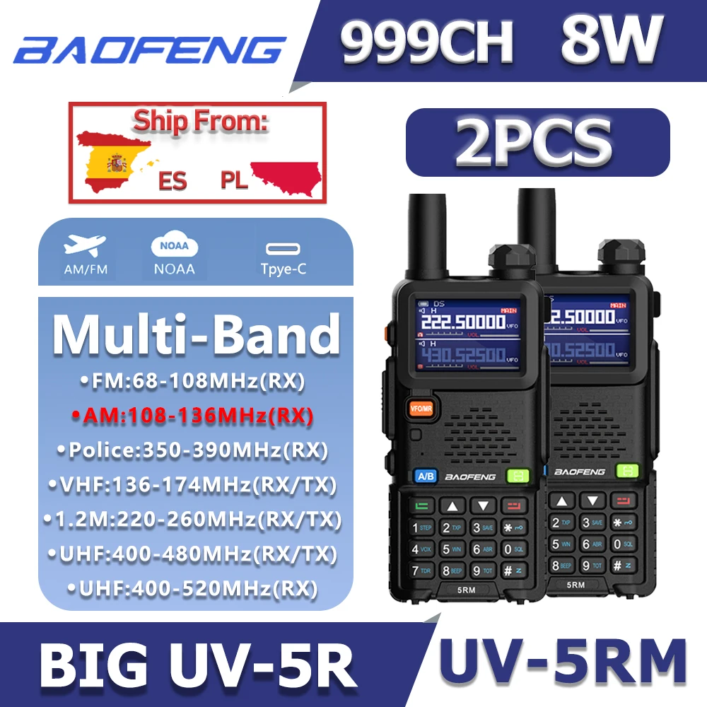 2PCS Baofeng 5RM 8W Multi Band Typ-C Lade Walkie Talkie AM/FM 2500mAh 999CH Zwei Weg Radio UV-5RH Pro