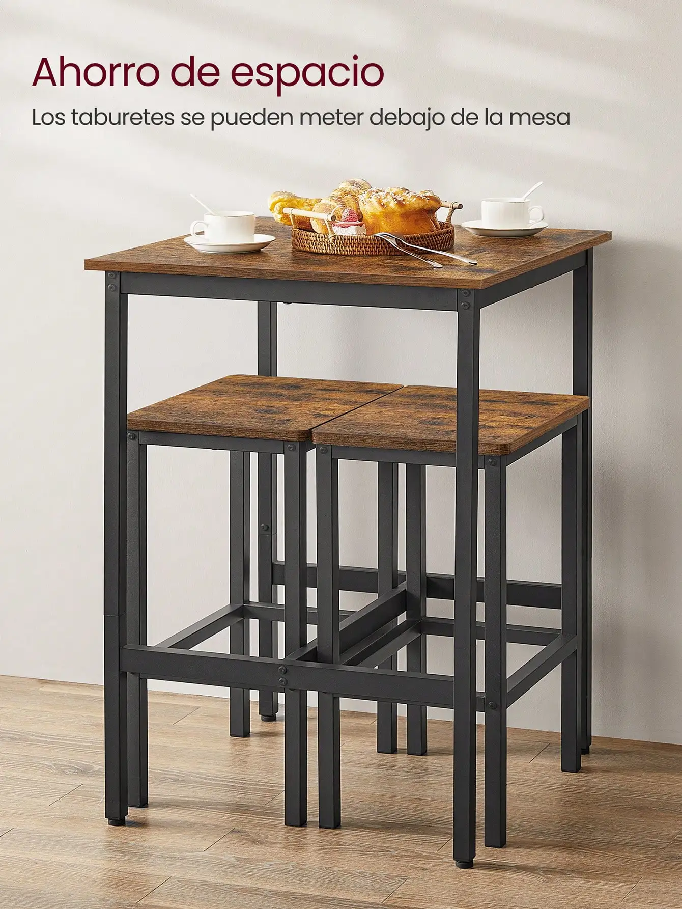 VASAGLE-Juego de mesa de Bar cuadrada, 2 Taburetes de Bar, mesa de Pub de comedor para 2, Juego de desayuno de cocina que ahorra espacio, sala de estar, sala de fiestas
