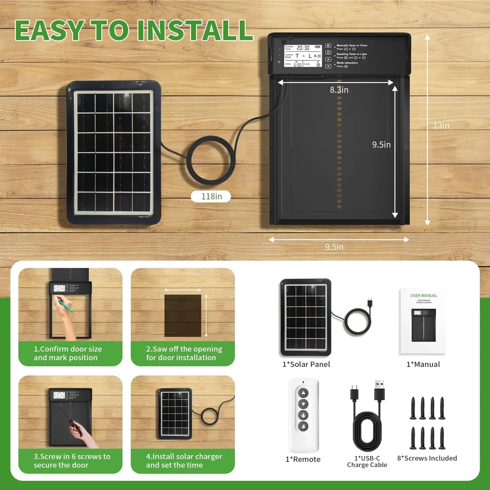 Automatische Hühnerstalltür, solarbetrieben, mit LCD-Display, automatische Hühnerstalltür mit Timer und Lichtsensor – Fernbedienung