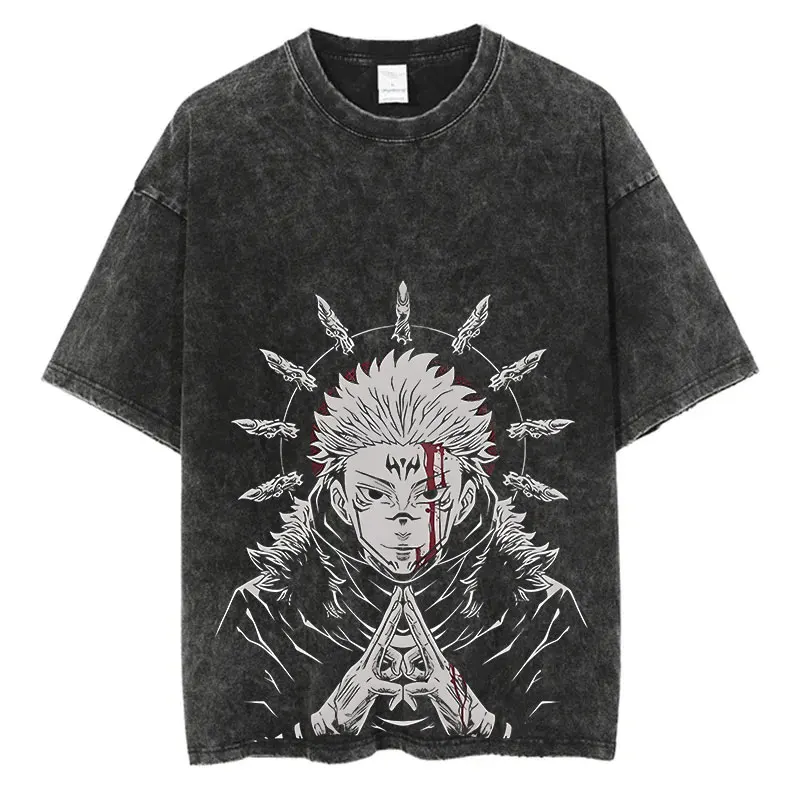 アニメウォッシュ Tシャツ原宿夏綿 100% 半袖オーバーサイズ Tシャツヴィンテージストリート Tシャツ