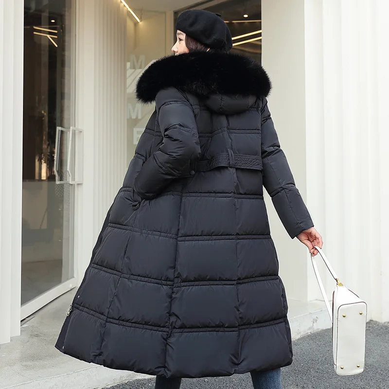 Chaqueta larga Parker para mujer, abrigos gruesos y cálidos, abrigo coreano blanco y negro con capucha de tendencia de bloque tejido, Parkas 2022
