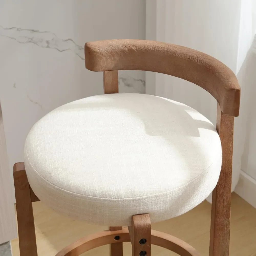 Mid-Century Bar Stools Set of 4, 26.5 Inch Linen Counter Height Upholstered Barstools Bar Chairs with Solid Wooden Legs, Beige