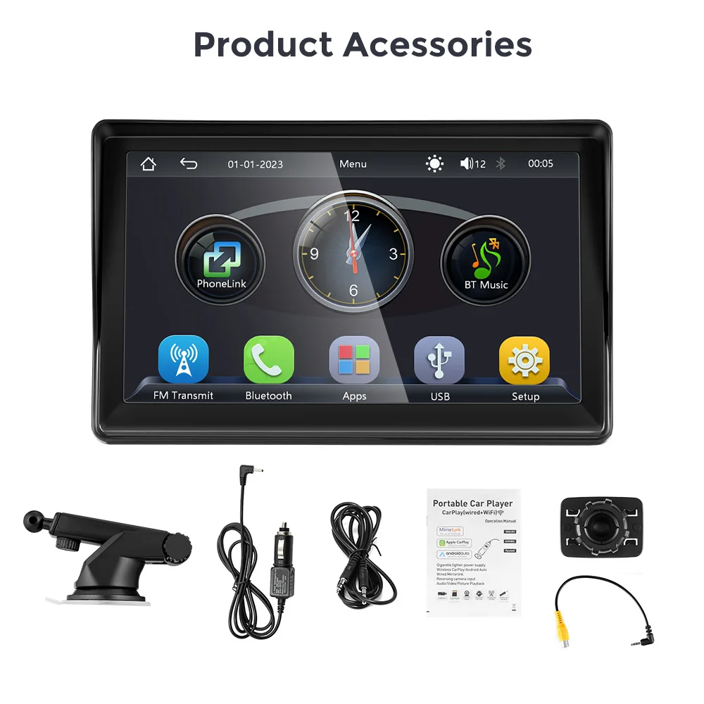 Lettore video multimediale per autoradio portatile Wireless CarPlay Android Auto Touch screen universale da 7 pollici con telecamera posteriore FM