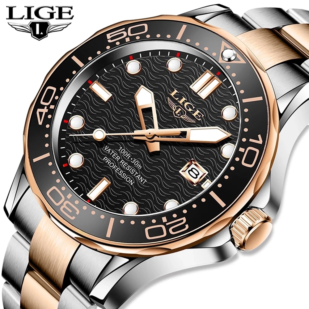 LIGE แบรนด์หรูแฟชั่น DIVER นาฬิกาผู้ชาย 3ATM นาฬิกากันน้ํากีฬานาฬิกา Mens QUARTZ นาฬิกาข้อมือ Relogio Masculino