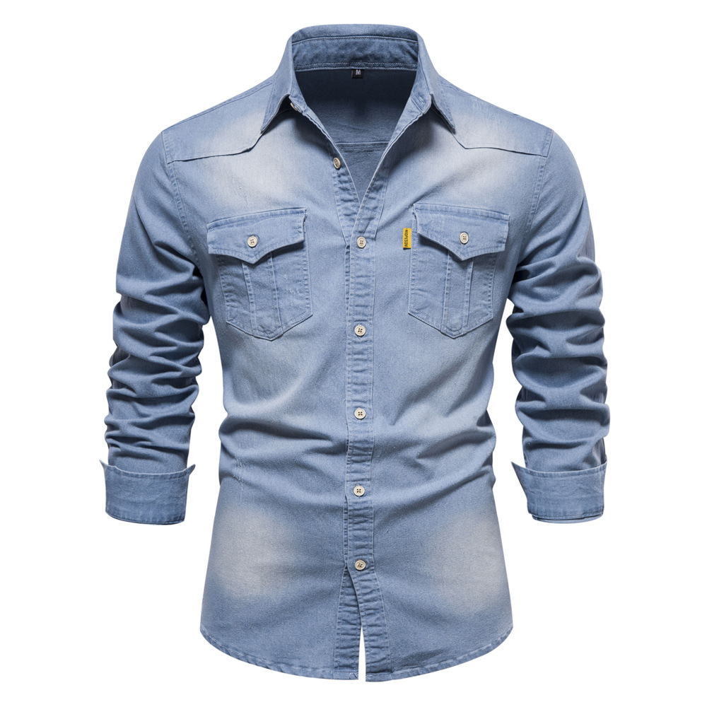 Camisas vaqueras de algodón a la moda de otoño para hombre, camisa vaquera informal de manga larga de calidad, camisas vaqueras elásticas ajustadas de Color sólido para hombre