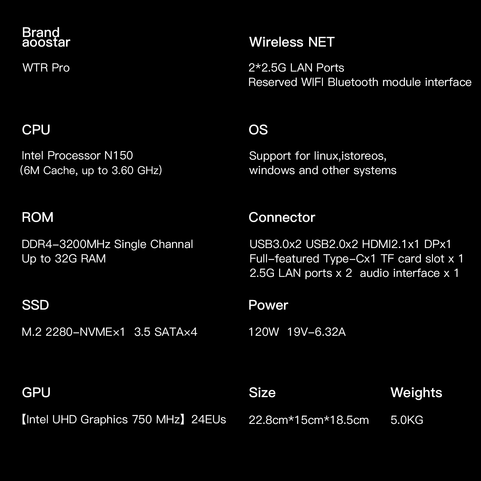 AOOSTAR WTR PRO มินิพีซีพร้อม 4 Bay Nas Intel N150 4C/4T, สูงสุด 3.60GHz, รองรับ 2.5/3.5 "HDD * 4, NVME SSD * 1