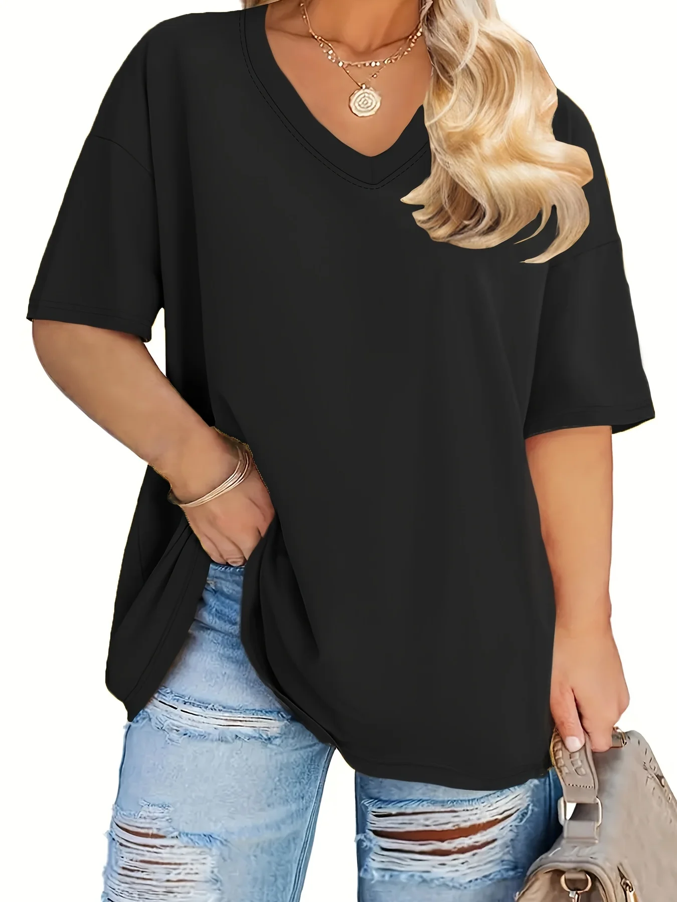 Frauen Plus Größe V-ausschnitt Solide T-Shirt Sommer Weibliche Grundlegende Weiche T-shirts Frauen Casual Mehrfarbige Kurzarm Tops