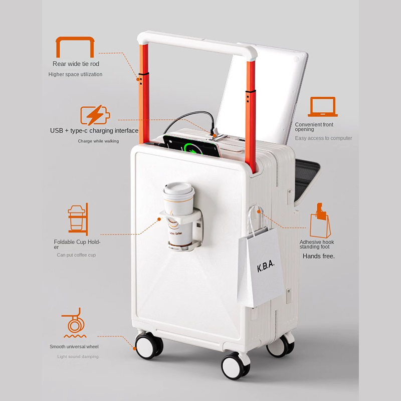 Mala de carrinho larga com abertura frontal, bagagem de cabine de 20 polegadas, porta de carregamento USB multifuncional de 28 polegadas, roda universal silenciosa