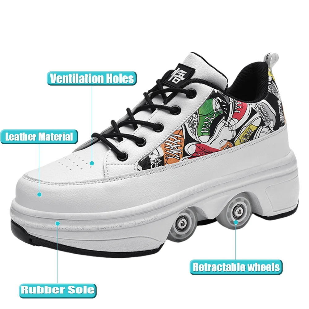 Patins à roulettes d'extérieur à la mode pour garçons et adultes, chaussures à roulettes transformées à 4 roues, baskets décontractées unisexes pour enfants et filles