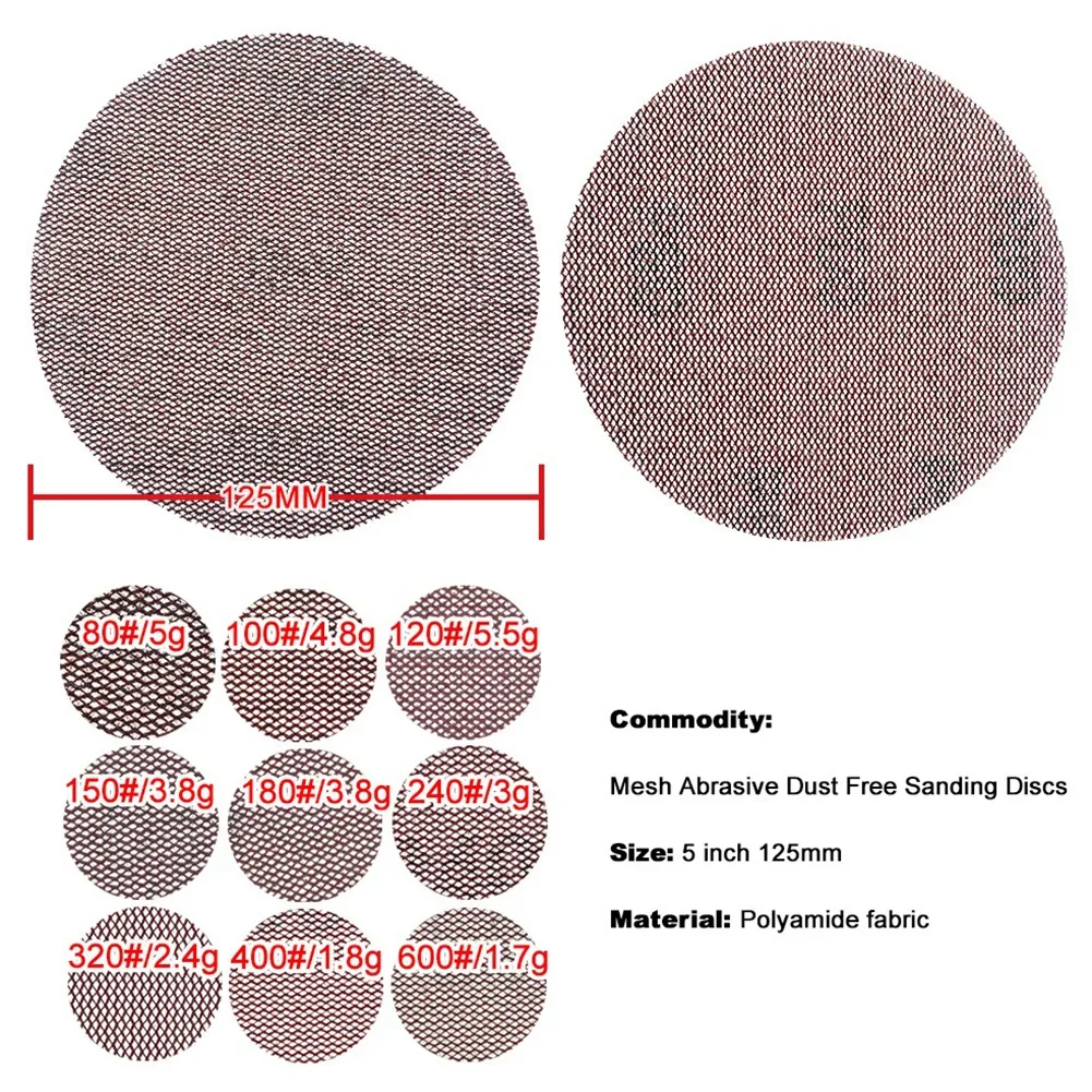 10Pcs 5 zoll 125mm Mesh Schleif Scheiben Haken & Schleife Schleif Staub Frei Disc Anti-Blocking-scharfe Schleifen Schleifpapier Für Holz Möbel