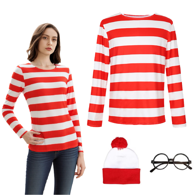 Clássico wheres waldo vermelho branco listrado camisa para homem wally óculos redondos e chapéu conjunto traje unisex halloween cosplay outfit