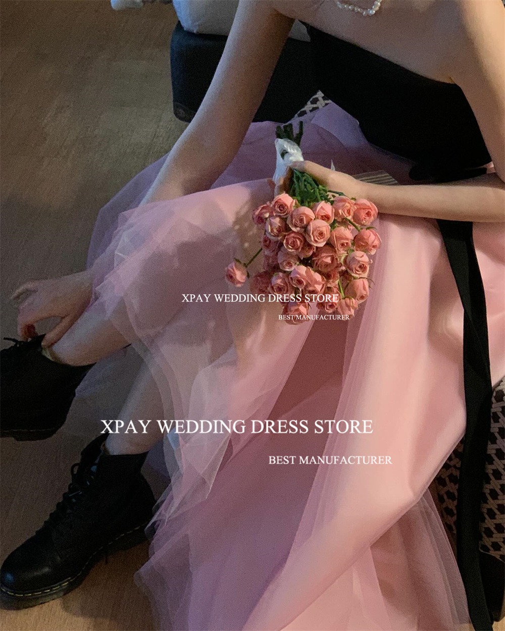 ストラップレスイブニングドレス,ストラップレス,ノースリーブ,ホルター,ウエディング,結婚式の写真撮影,黒,ピンク,韓国,XPAY-Aコレクション