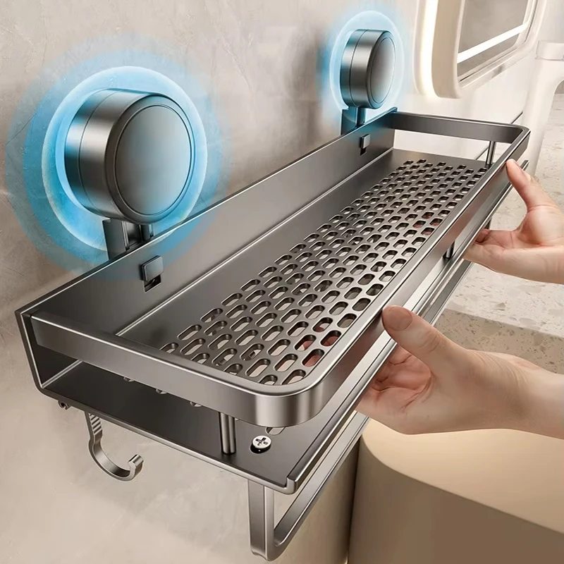 Estante de baño con ventosa sin taladro, estante de baño, espacio para inodoro, estante colgante de aluminio, organizador de baño para colgar en la pared