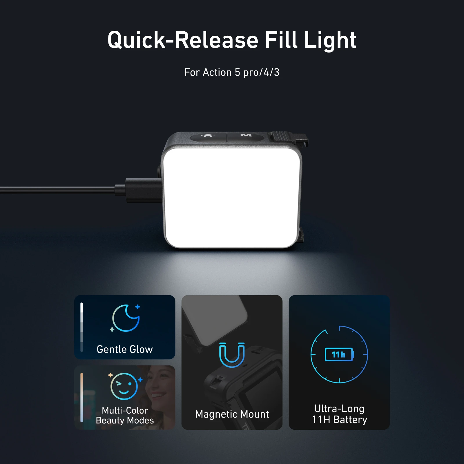 TELESIN Luz de relleno de liberación rápida Mini luz de Selfie impermeable para DJI OSMO Action 2 3 4 5pro Mini luz de Selfie para cámara de acción