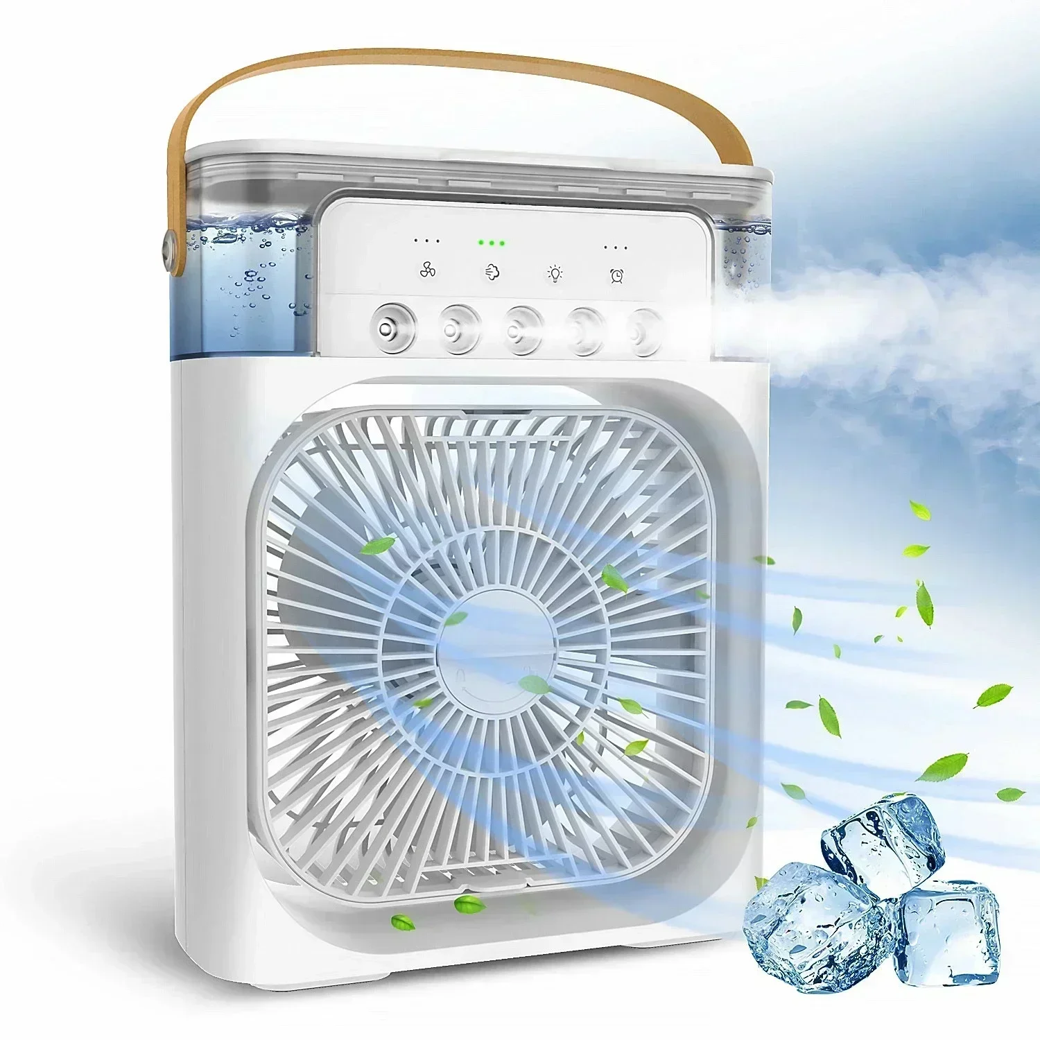 Ventilador humidificador portátil, aire acondicionado, ventilador eléctrico USB, luz LED nocturna, niebla de agua divertida, Enfriador de aire 3 en 1, humidificador para el hogar