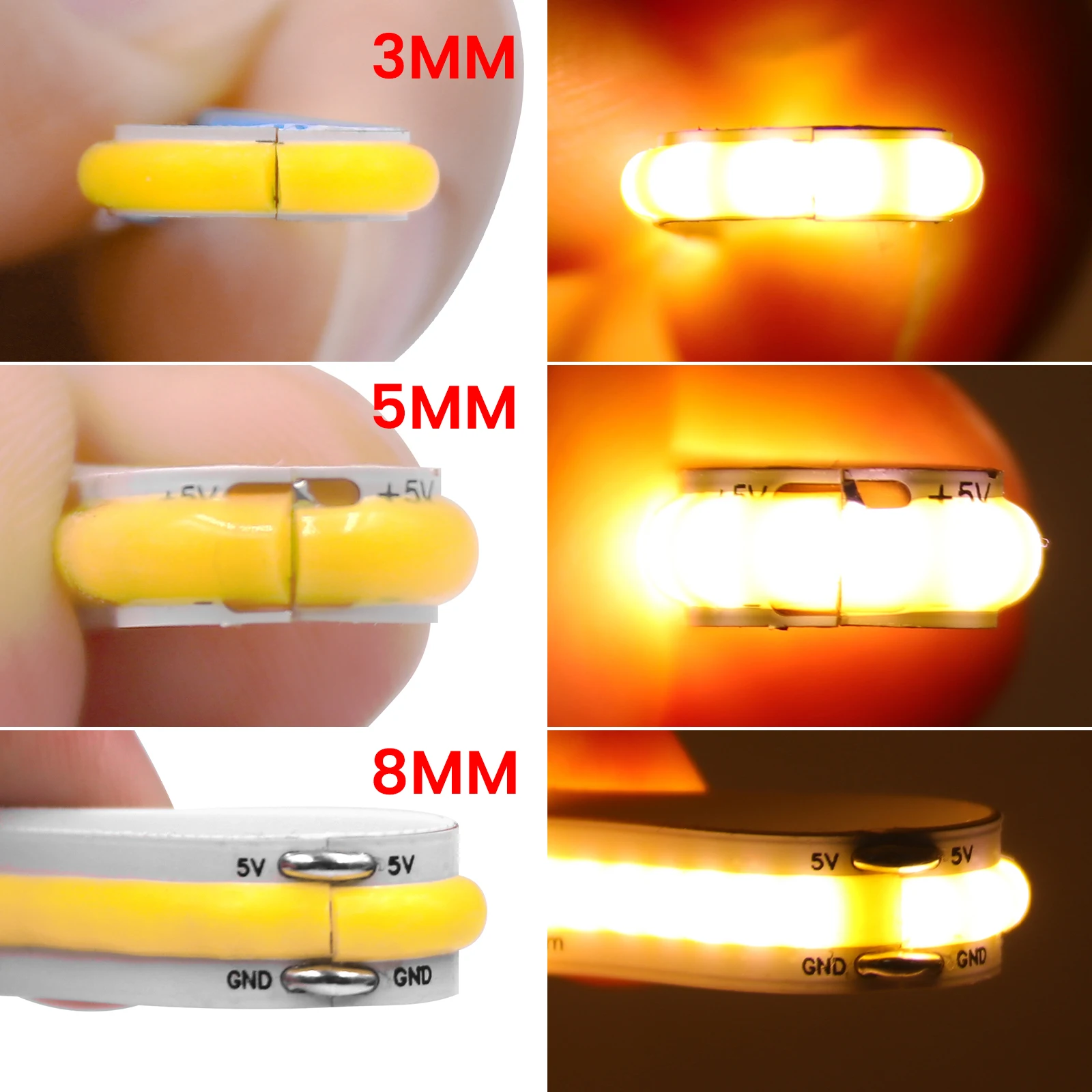 DC 5V 12V 24V COB LED Strip 320 384 480 528 LEDs/m ความหนาแน่นสูงยืดหยุ่น COB LED เทปแถบแสง 3 มม.5 มม.8 มม.PCB Linear Light