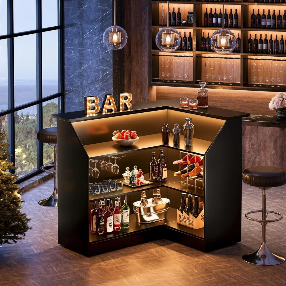 Bar Cabinet,L-Shaped Home Bar Table w/ Stemware Racks,4-Tier Corner Bar Unit Liquor Wine Bars Table Reception Desk for Home Pub