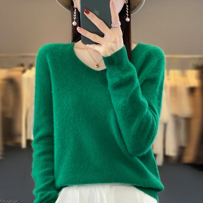 100% suéter de cachemira de lana pura para mujer, jersey con cuello en V, top de punto informal, abrigo para mujer de otoño e invierno, moda coreana