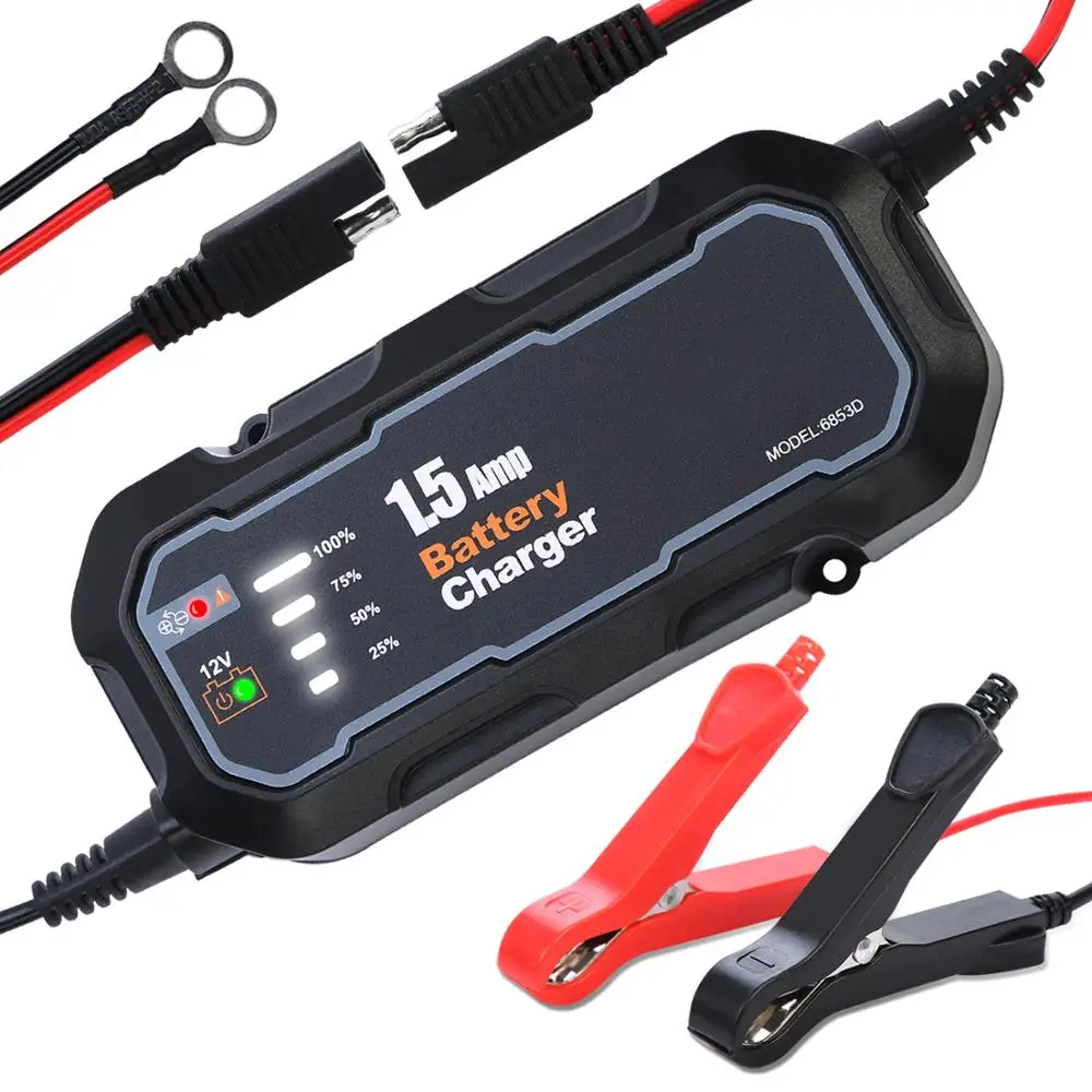 Cargador de batería inteligente automático para motocicleta, 12V, 1500mA, mantenedor para coche/RV/ATV/barco, cargador automático de batería con LED