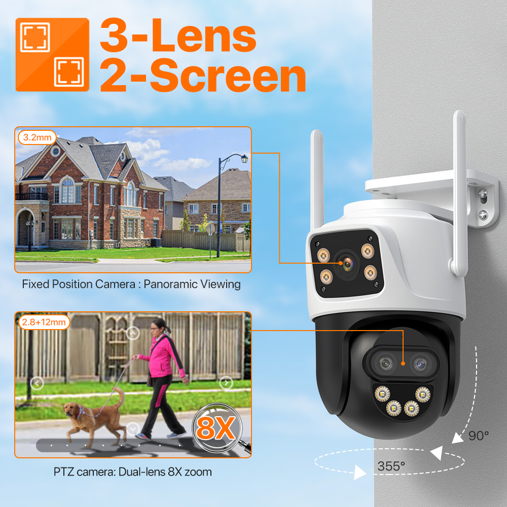 9MP 5K WIFI Kamera 8X Zoom Drei Objektiv WiFi Sicherheit 4MP IP Kamera Farbe Nachtsicht Ai Auto Tracking überwachung Kamera ICSee