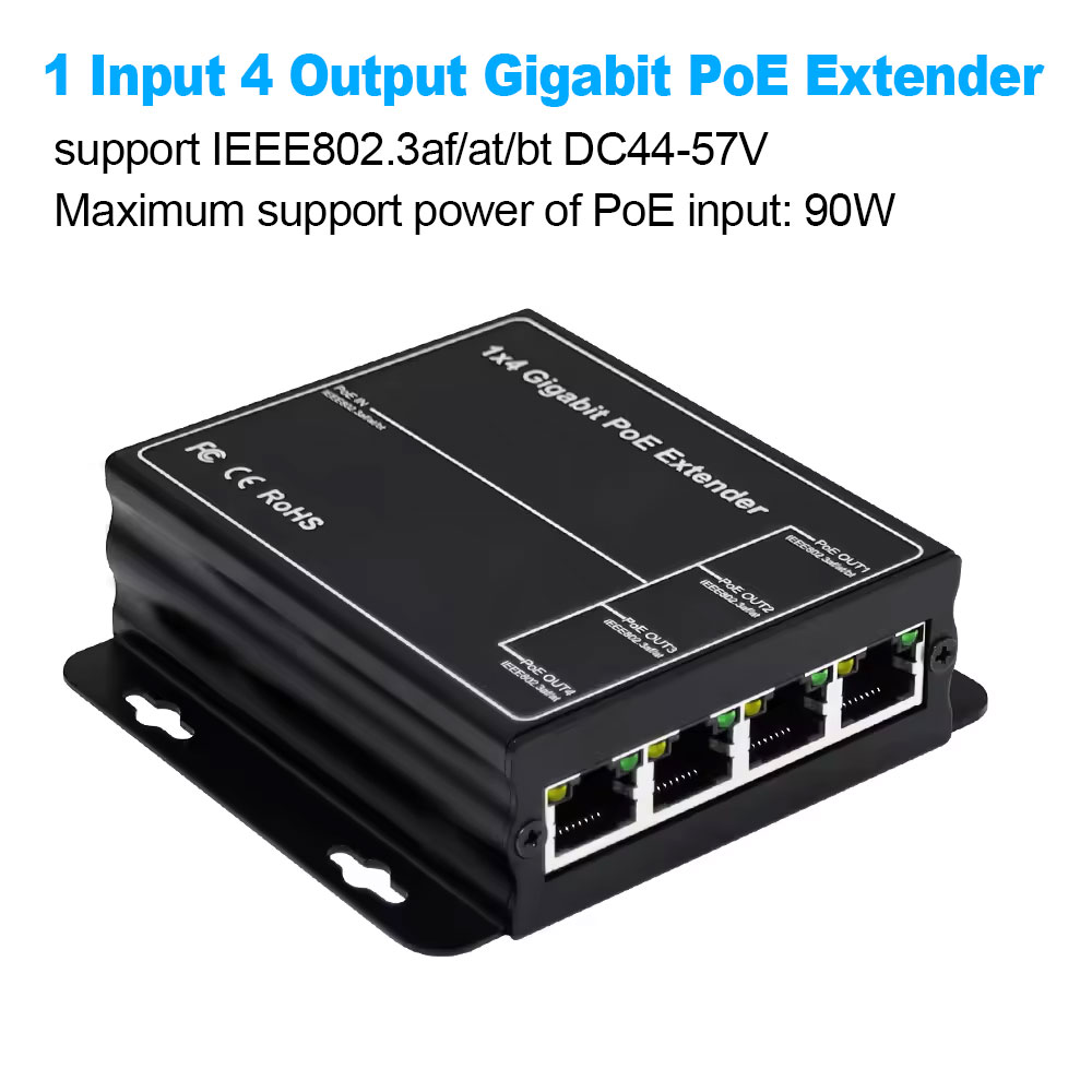 Gigabit Poe Extender 4 Port 1000/802,3 m Netzwerk-Switch-Repeater 90W ieee802.3af/at Plug & Play für Poe Switch NVR IP-Kamera