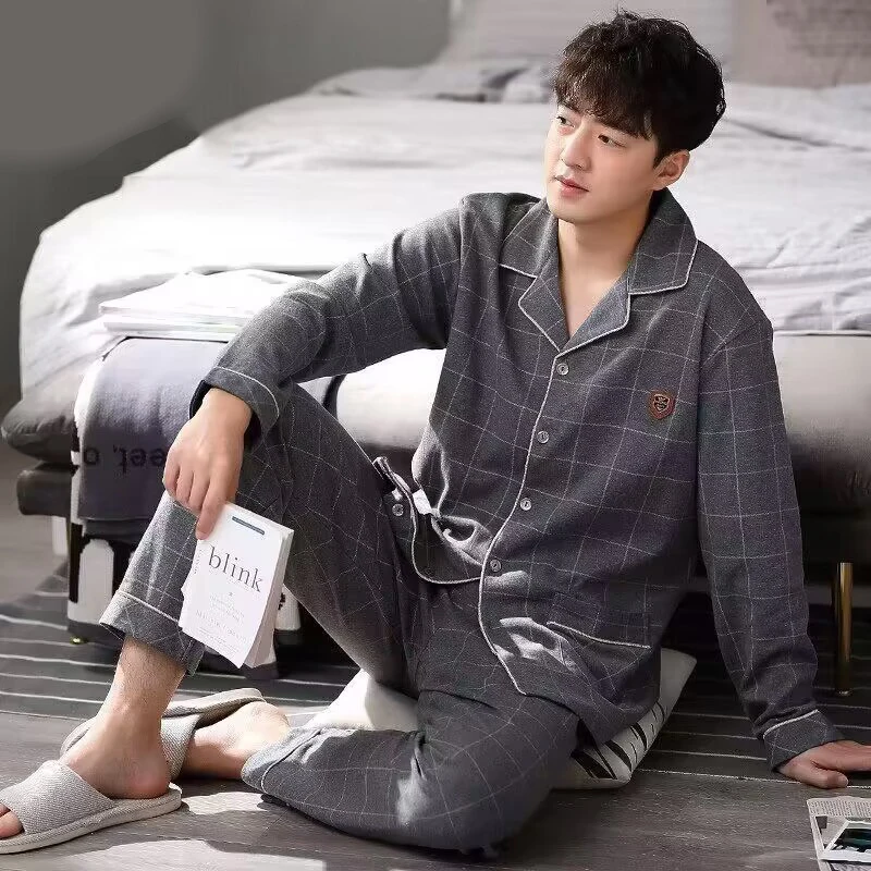 Katoenen Heren Pyjama Set Herfst Winter Vest Met Lange Mouwen Plus Size Heren Modellen Van Huiskleding Geruite Nachtkleding 2 Stks/set