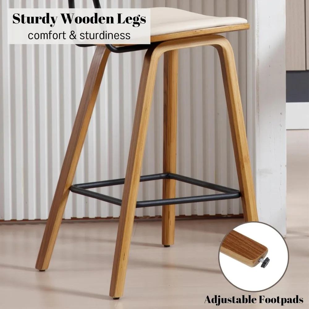 Modern Bar Stools Set of 2 26 Counter Height Barstools with Rattan Back PU Upholstered Kitchen Island Chair with Solid Wood Legs