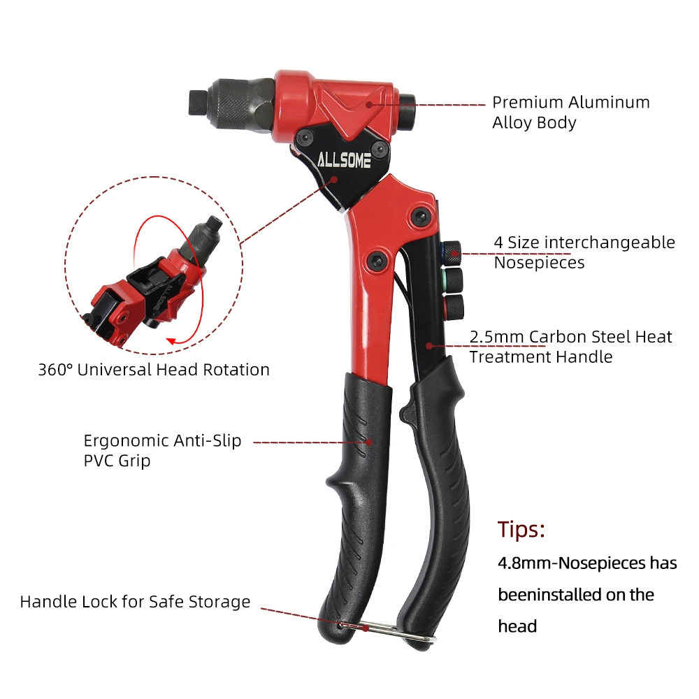 ALLSOME Single Universal 3 in 1 Multi Function Rivet gun with Nut rivet Hand rivet Reamer Tool