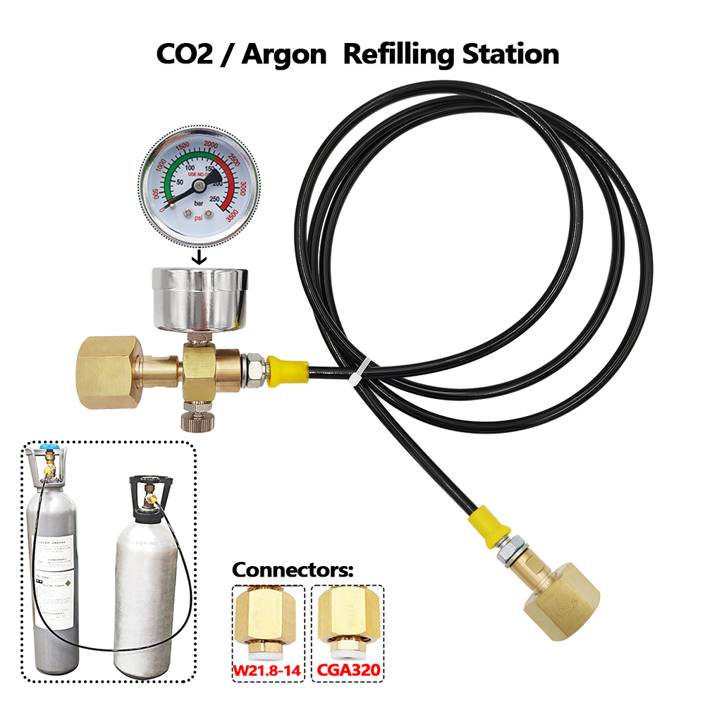Argon CO2 Refilling Station Charging Adapter To Small Welding Tanks,W/ 1.5 Meters Soft Hose 250bar Gauge G5/8,W21.8-14,CGA320