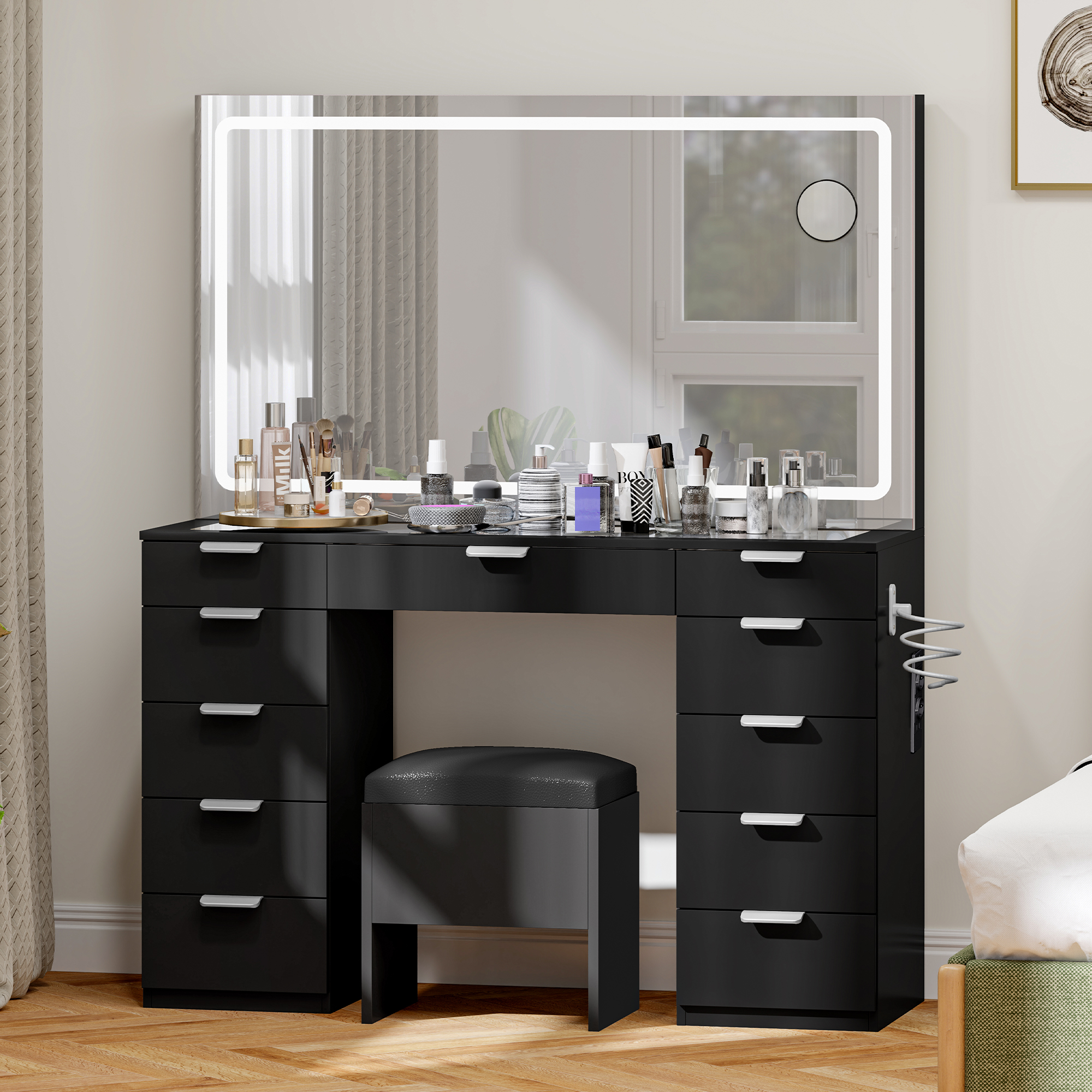 YITAHOME White LED Vanity Table Glass Top Makeup Desk with Large Mirror 11 Storage Drawers and Stool