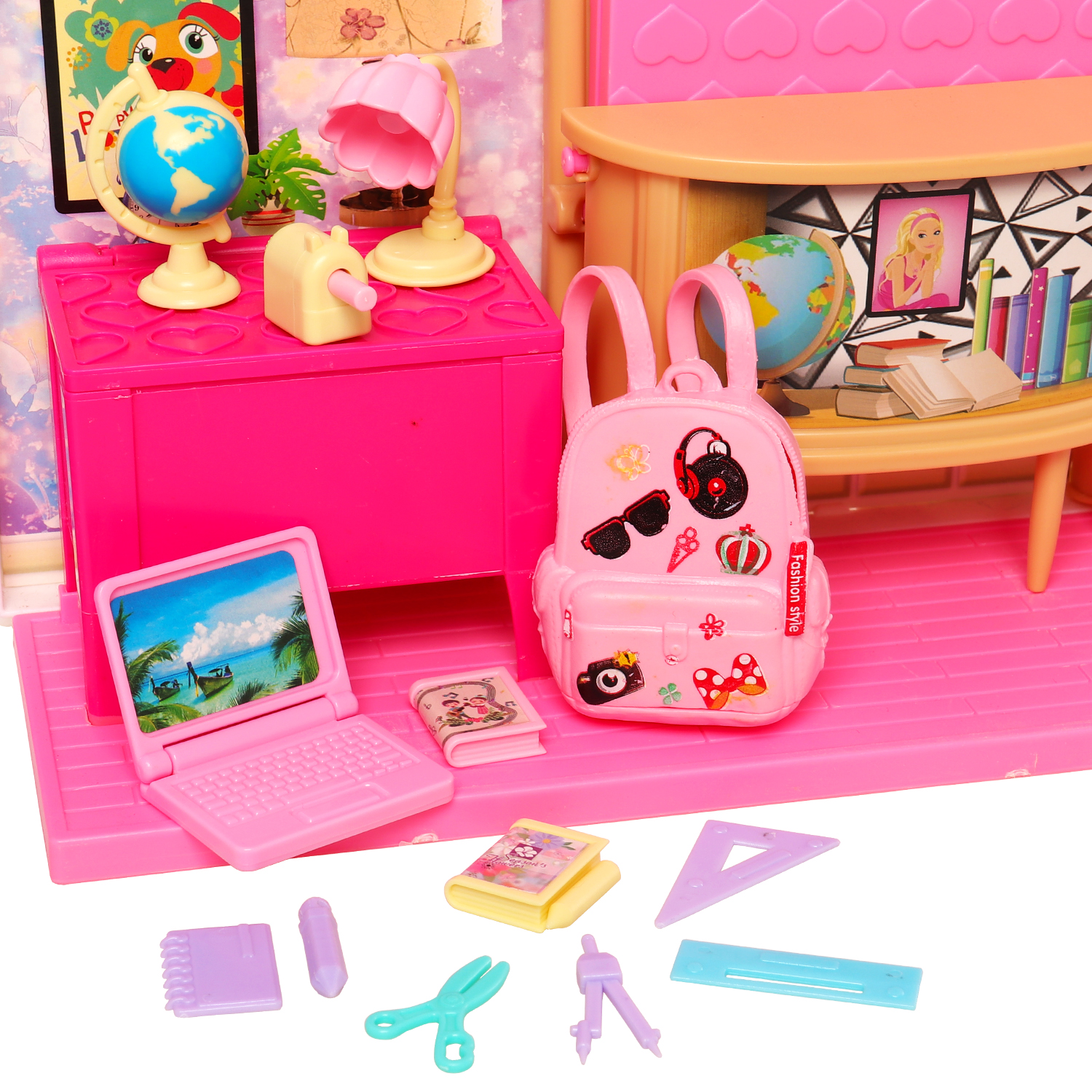 Mignon Miniature maison de poupée accessoires d'étude pour poupée 18 articles Mini ordinateur portable règle Globe crayon lampe de Table pour Barbie enfants jouets
