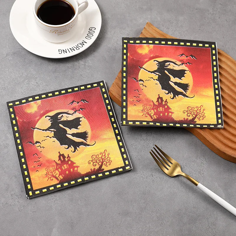 10/20pcs 33cm 2Layer New Halloween Witch Colored Napkins Party Wine Glass Floral Paper Decoration Painting DIY Decoupage Paper