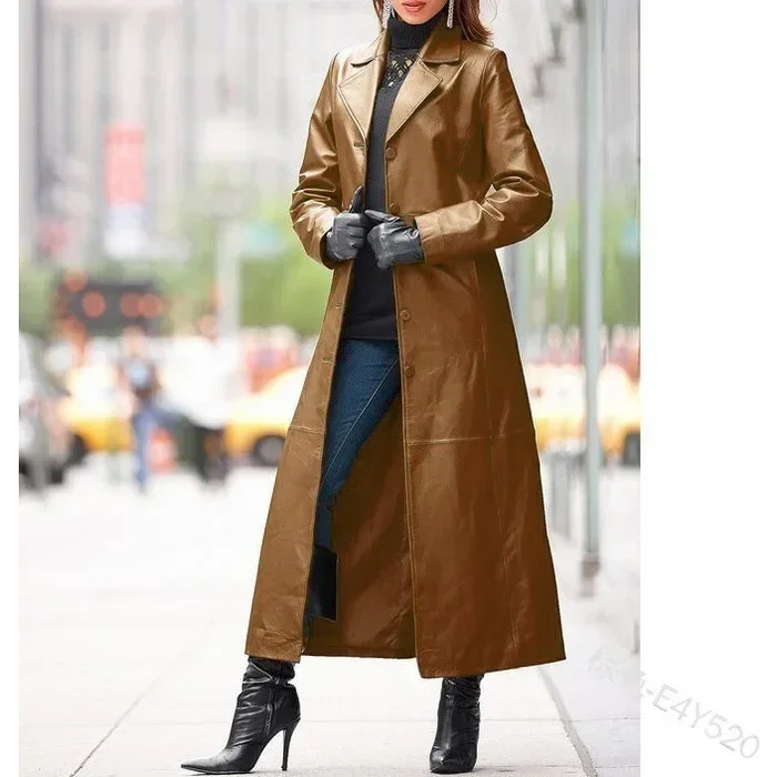Neue Herbst Winter frauen Kleidung Taste Leder Mantel Lange-Cut Mantel Slim Fit Abnehmen Pu Leder Wind Mantel