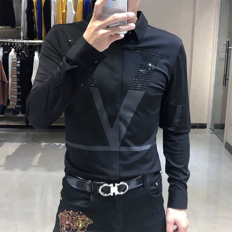 Primavera otoño manga larga camisa con estampado de diamantes Hombre Casual carta moda blusa de fondo hombres todo-fósforo Y2K Top ropa masculina