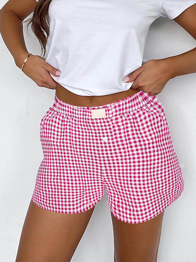 Korte Broek Voor Dames Tienermeisjes Elastische Tailleband Pull-On Rode Blauwe Geruite Shorts Outfit Casual Lounge Zomershorts