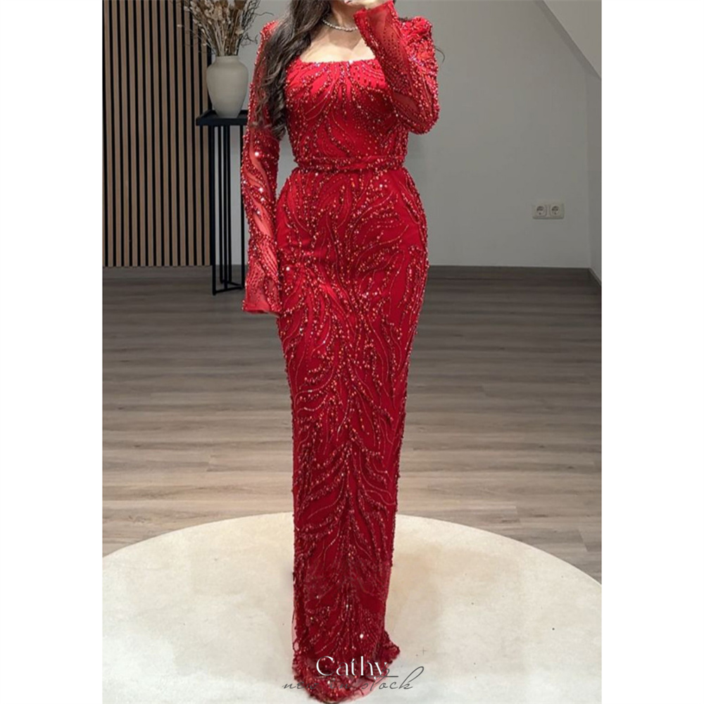 Cathy Customized Sheath Square Collar Beaded Prom Dresses Luxury Long Sleeve vestidos de noiva Floor-Length Formal Evening 2025