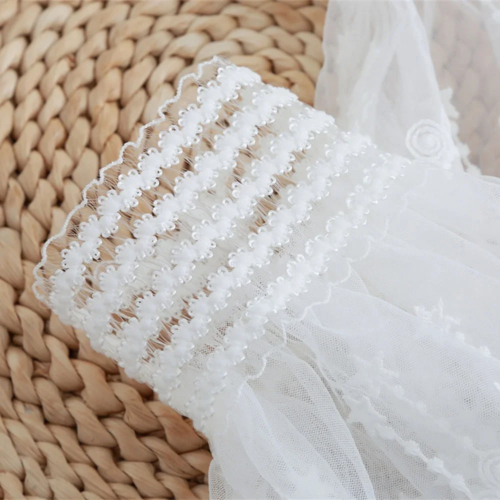 1 par de puños desmontables de malla de flores de encaje mangas acampanadas falsas doble capa plisada acanalada puños falsos suéter blusa calentadores de muñeca